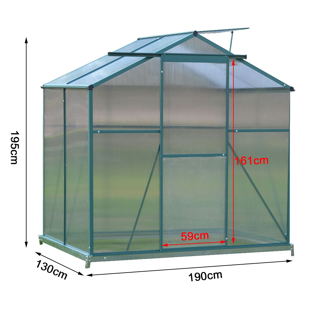 Size Diagram of 4x6ft Greenhouse with Base – L130 x W190 x H195 cm Dimensions Displayed