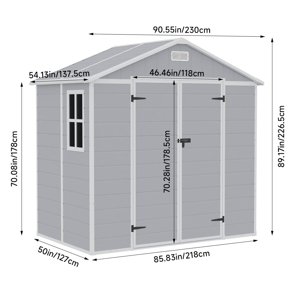Dimension diagram of 8x4ft plastic garden storage shed – detailed measurements for backyard fitment