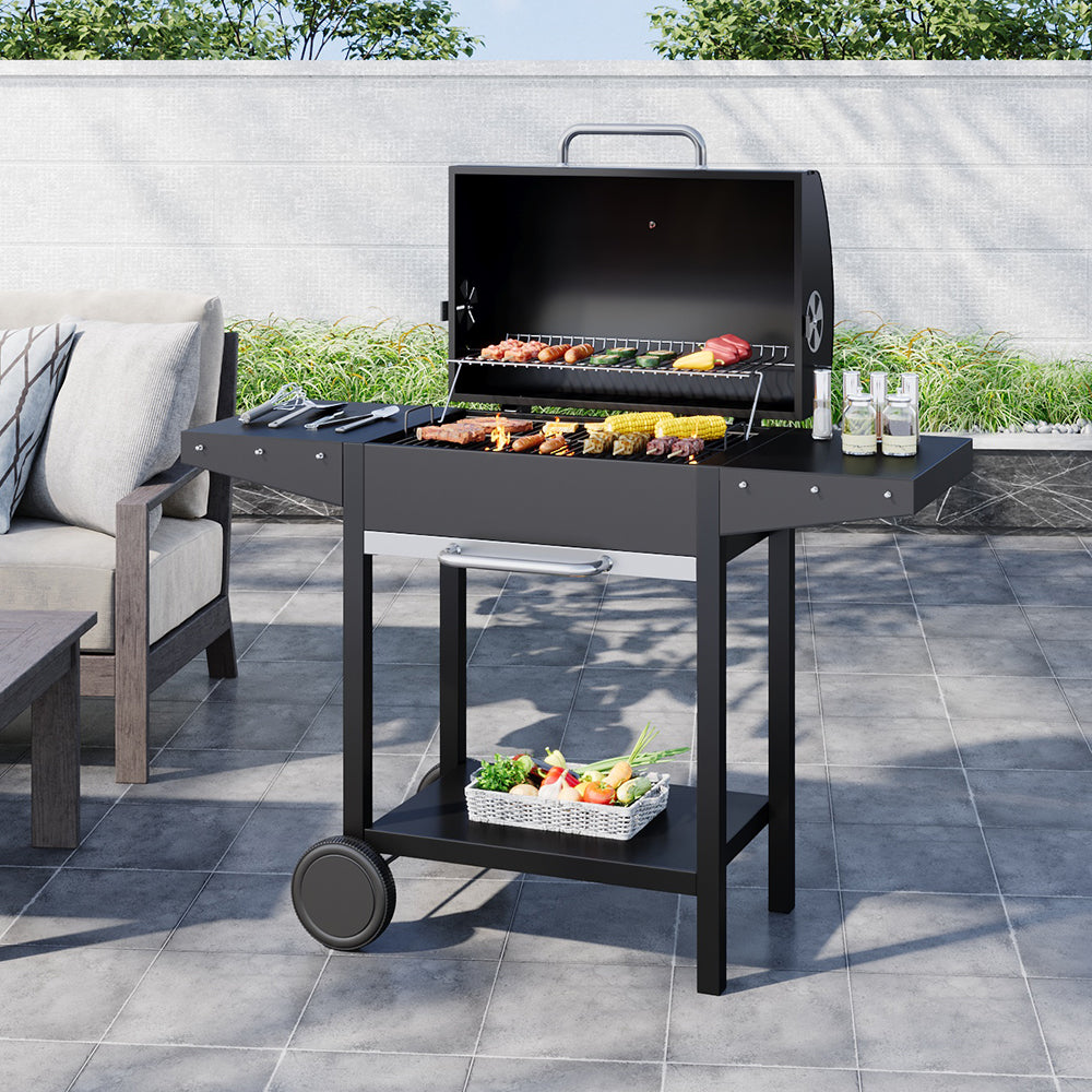 Black Outdoor Garden Charcoal Grill with Dual Side Tables and Wheels – Portable BBQ Barbecue for Patio or Garden