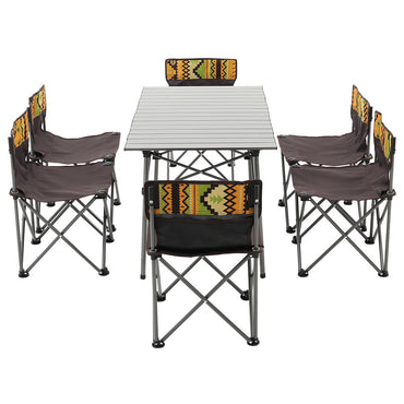 Foldable Brown Aluminum Camping Table and 6 Chairs Set – Compact and Lightweight Design