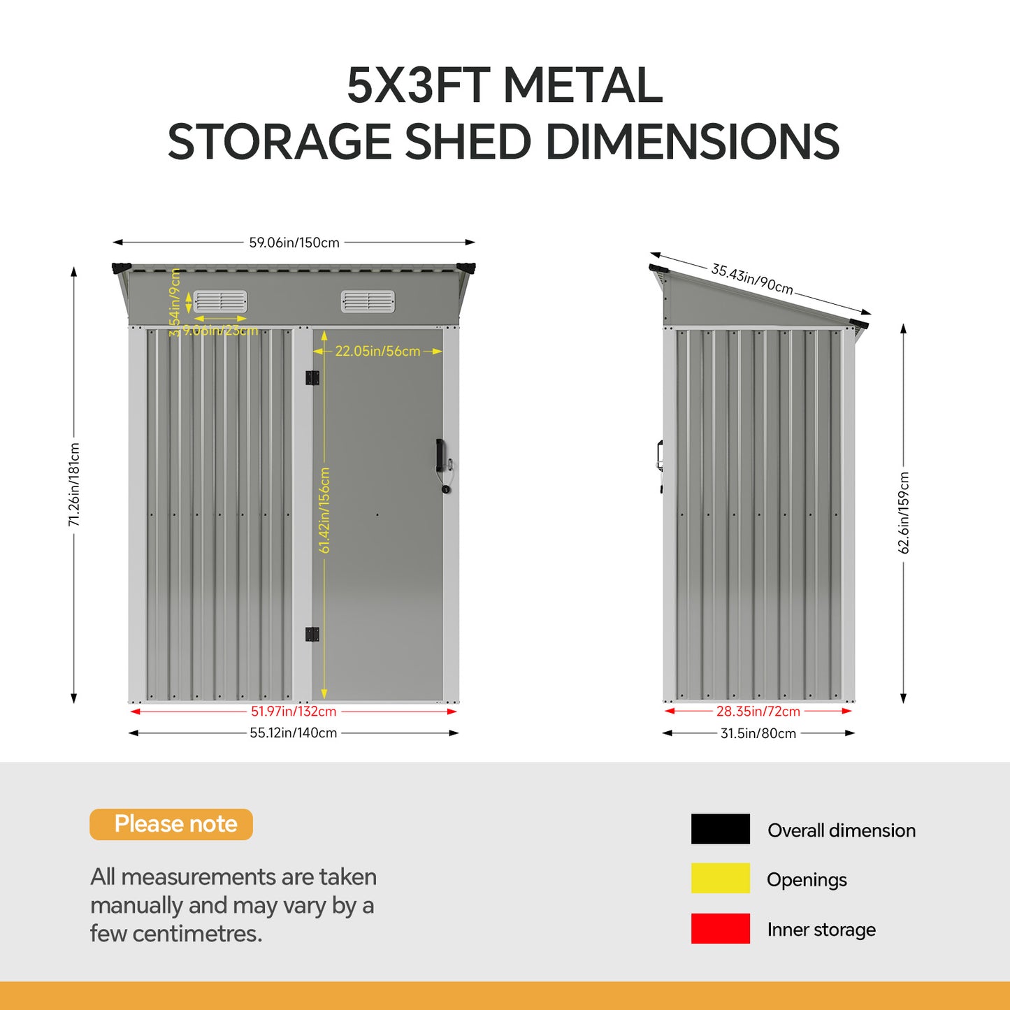 5x3FT Galvanised Metal Garden Shed With Pent Roof Lockable Door