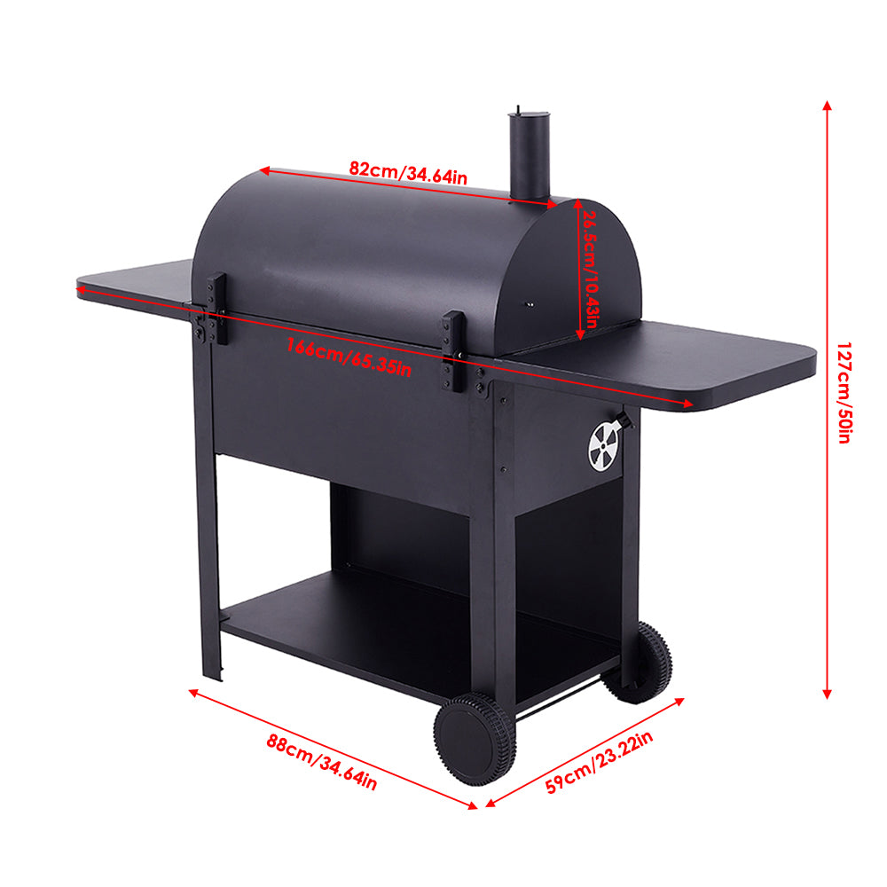 Dimensions of Black Carbon Steel BBQ Grill with Smoke Stack – Full Measurement Chart for Outdoor Grill
