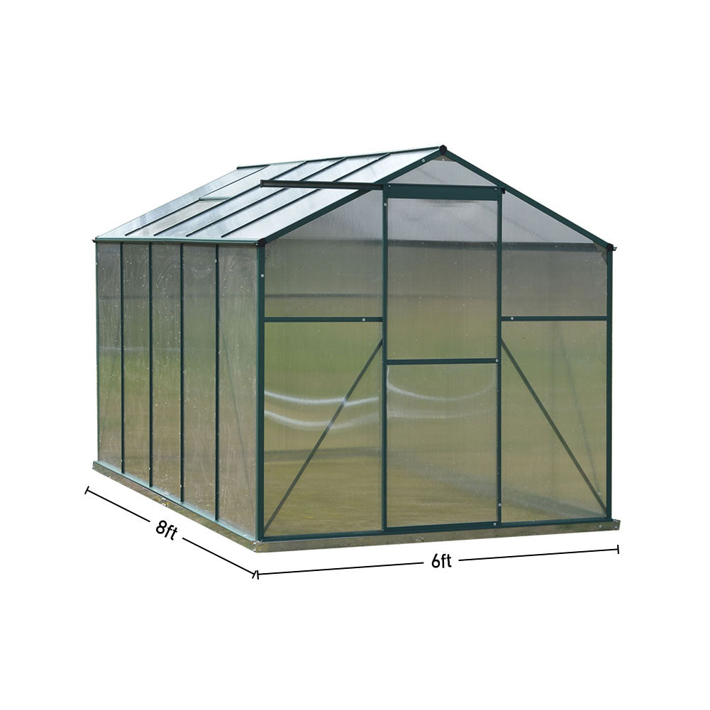 dimension diagram of 8x6ft aluminium greenhouse – full measurements of height, width, and depth