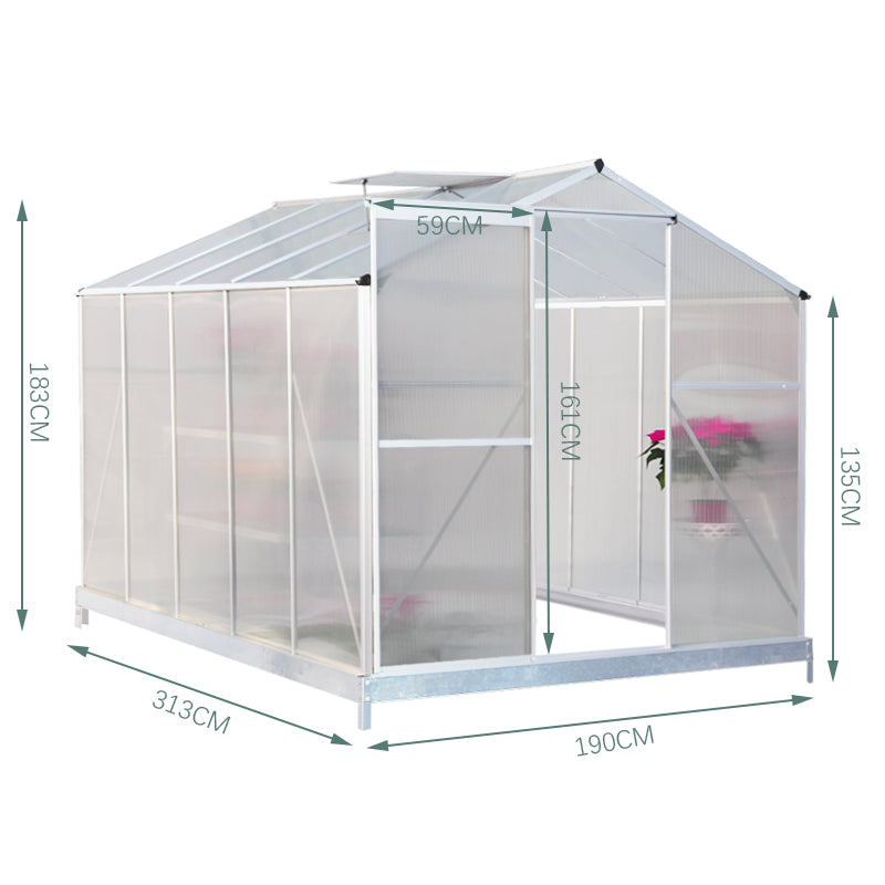 Dimension Diagram of 10x6ft Aluminium Greenhouse with Base – Includes Height, Width, Depth and Door Size