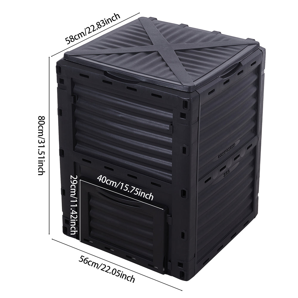 Dimensions of 300L compost storage box – weather-resistant black plastic composter for garden use