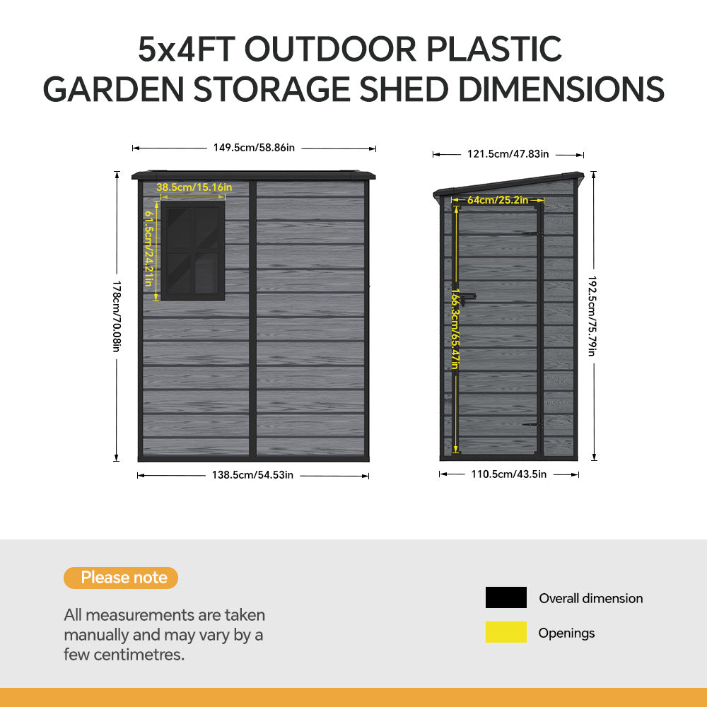5x4ft Plastic Garden Storage Shed Weatherproof Outdoor Tool Shed