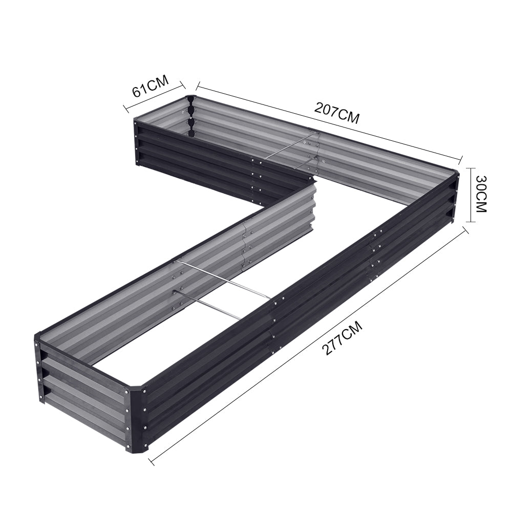 Size specifications of charcoal black L-shaped metal garden raised bed – full dimensions for outdoor use