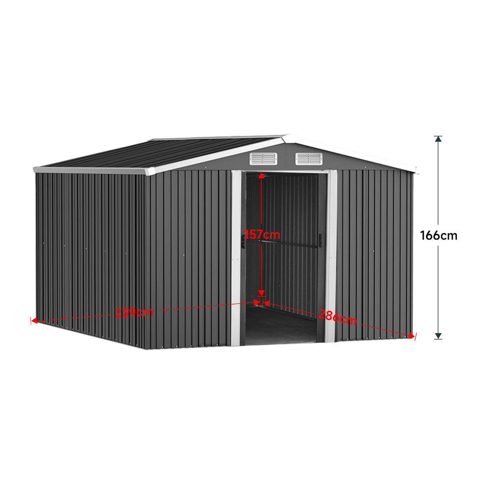 Measurement diagram of 10x8ft black metal garden shed with detailed dimensions