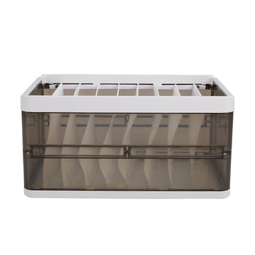 Clear folding clothes organizer box with white lid and interior dividers