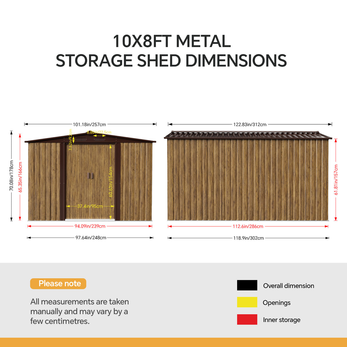 8x10ft Wood Grain Metal Garden Storage Shed With Double Sliding Doors