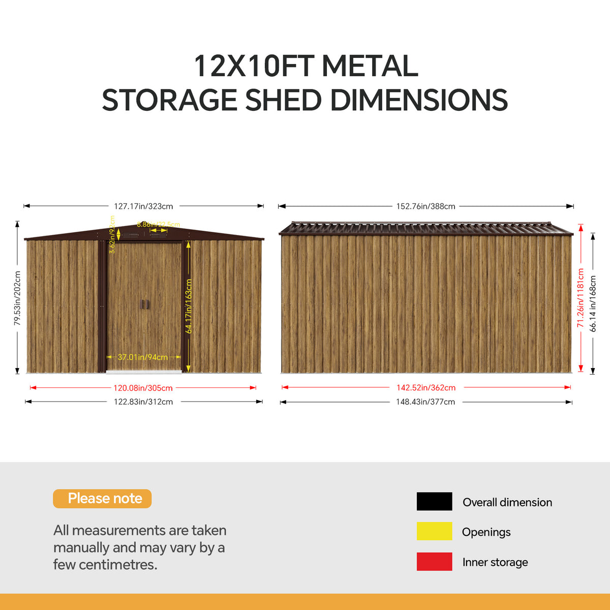 10x12ft Wood Grain Metal Garden Storage Shed With Double Sliding Doors