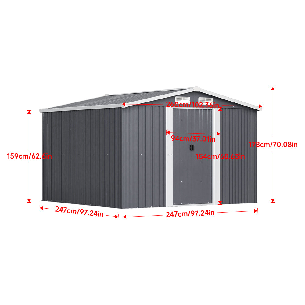8x8ft Metal Garden Storage Shed with Apex Roof & Sliding Door
