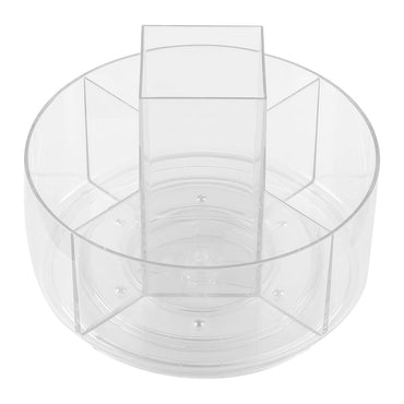 Transparent rotating makeup storage carousel with divided compartments and brush slot