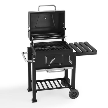 freestanding 44x39 inch charcoal BBQ grill with barrel design and side table – white background product image