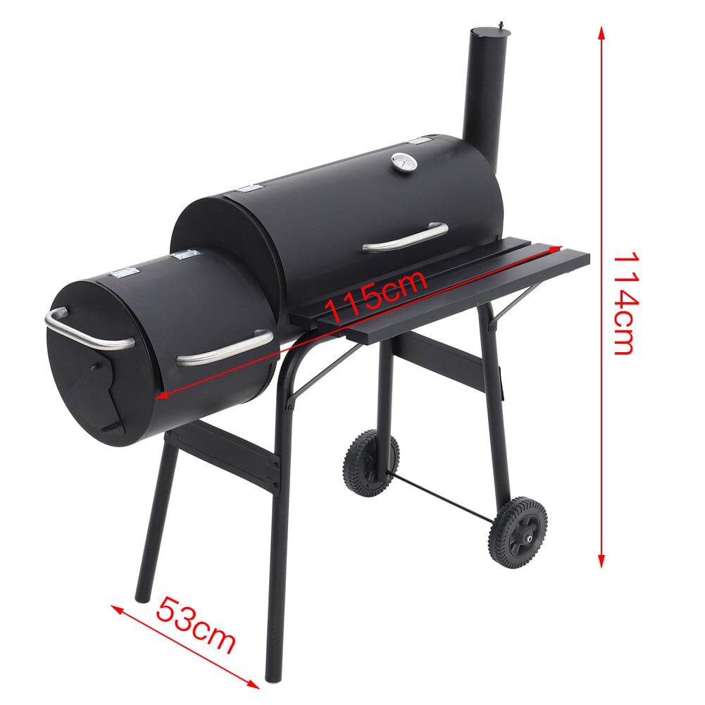 Charcoal BBQ Grill with Offset Smoker – Full Dimensions and Measurements Displayed