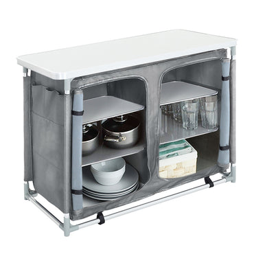Foldable Grey Outdoor Kitchen Table with Cupboard and Shelves – Portable Camping Storage Unit