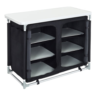 Foldable Black Camping Kitchen Table with Cupboard and Shelves – Portable Outdoor Storage Unit