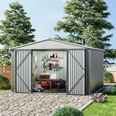 10x8ft Metal Lockable Grey Outdoor Garden Storage Shed Apex Roof