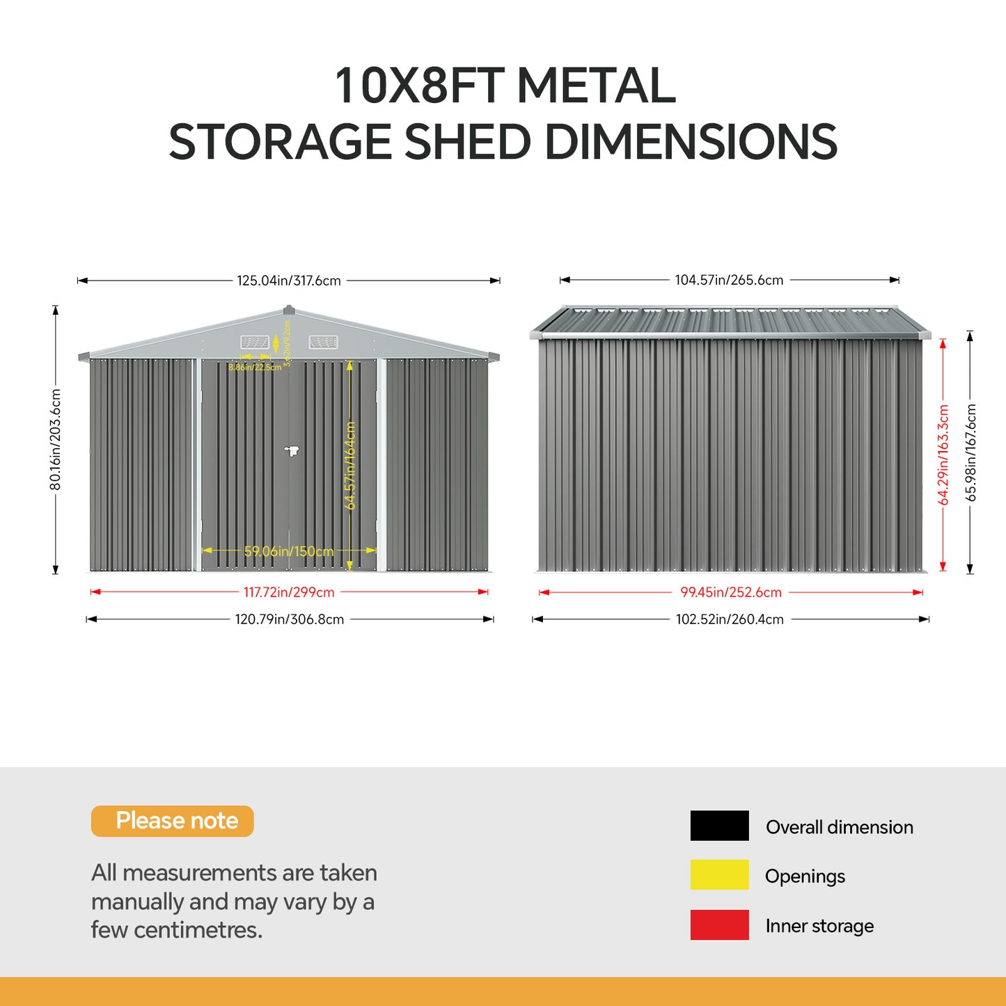 10x8ft Metal Lockable Grey Outdoor Garden Storage Shed Apex Roof