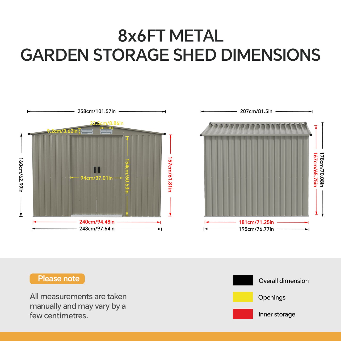 6x8FT Wood Grain Metal Garden Shed With Double Sliding Doors Apex Roof
