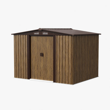 6x8FT Wood Grain Metal Garden Shed With Double Sliding Doors Apex Roof