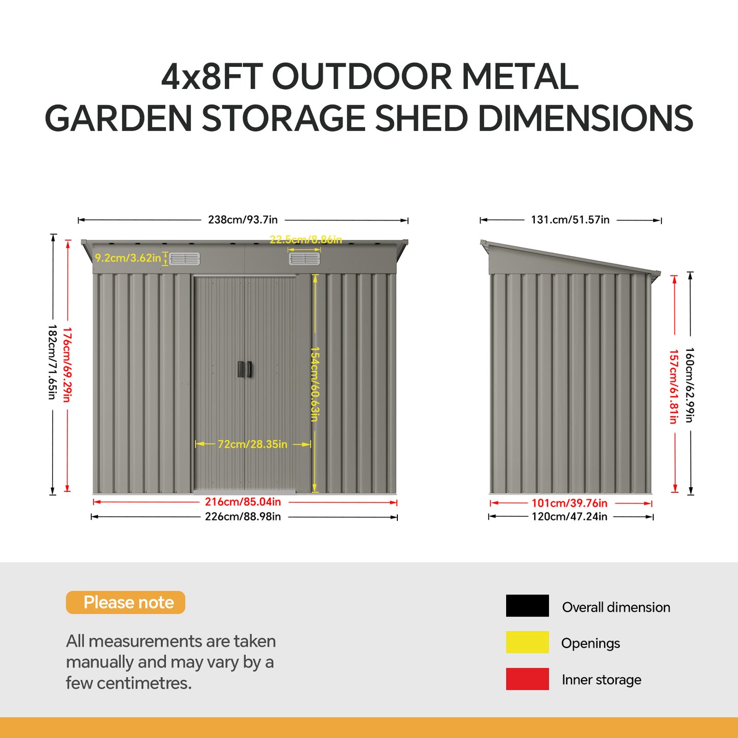 4x8FT Metal Wood Grain/Grey Aluminium Outdoor Garden Tool Storage Shed with Lockable Doors