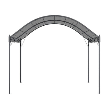 side view of dark grey 102x118 inch outdoor metal arched pergola with retractable canopy on white background