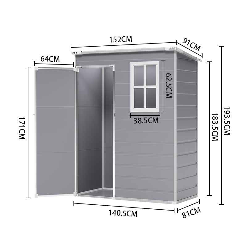 5x3ft grey plastic outdoor storage shed dimension chart with height, width, and depth measurements