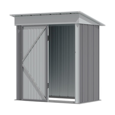 compact 5x3ft grey galvanized steel garden shed with lockable front door, isolated on white background