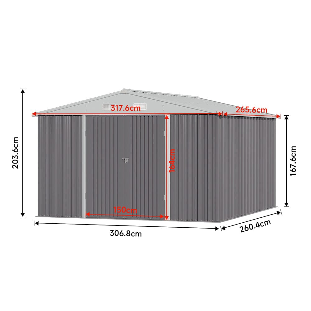 Dimensions of 10x8ft Galvanized Motorcycle Shed – Apex Roof Metal Storage Size Chart
