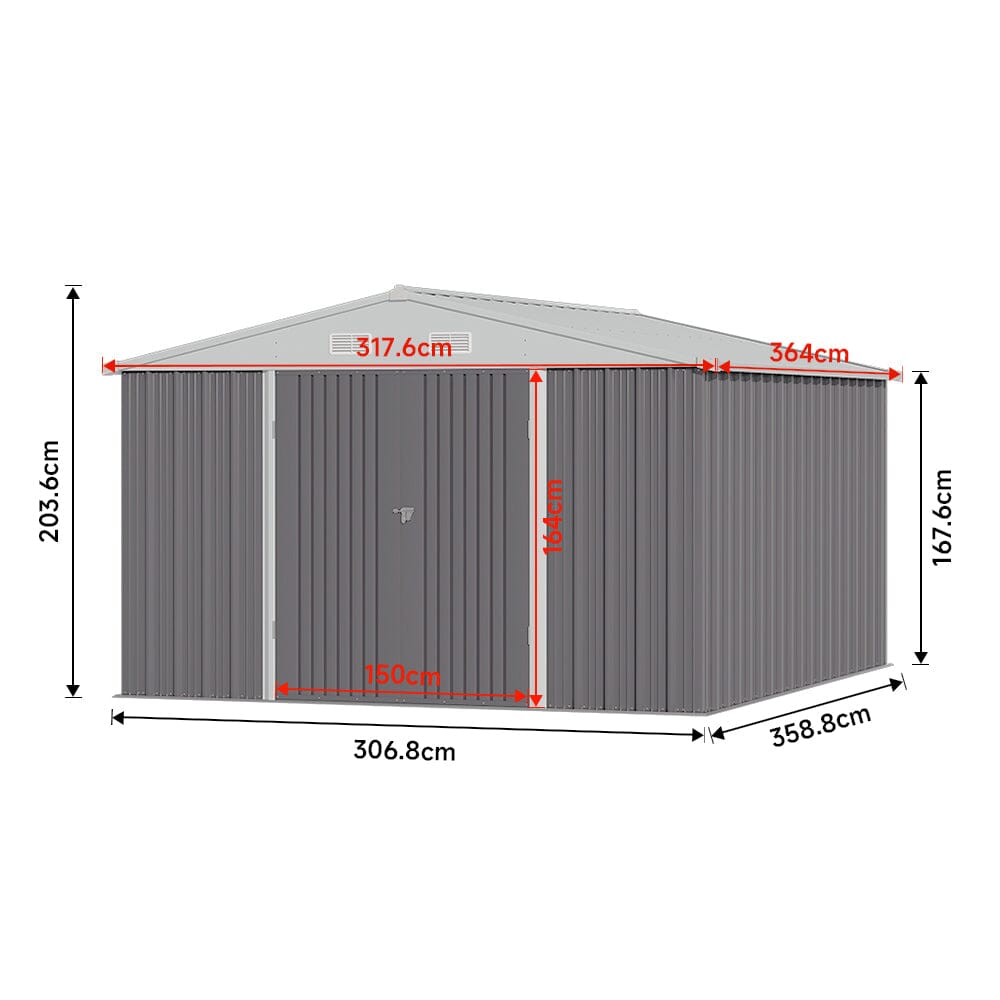 10x12ft lockable galvanized steel motorcycle shed with full exterior dimensions and layout diagram