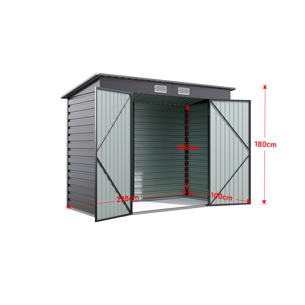 internal dimension layout of 8x4ft galvanized steel tool storage shed showing spacious interior
