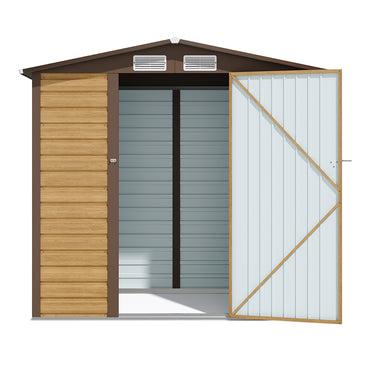6x4ft brown galvanized steel garden shed isolated on white background with secure door