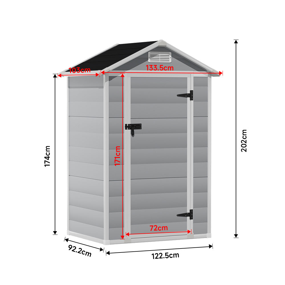 dimension chart of 4x3ft apex roof garden shed showing height, width, and depth measurements