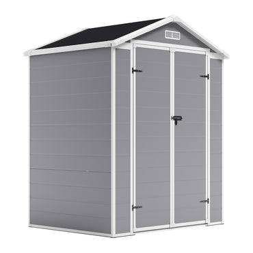 freestanding 6x4ft grey plastic garden storage shed with lockable double doors, shown on white background