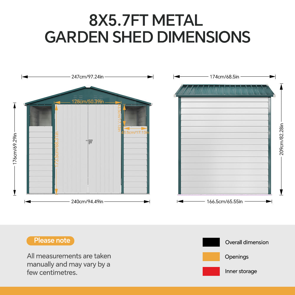 Durable Metal Garden Tool Shed Double Door Ventilated Apex Roof