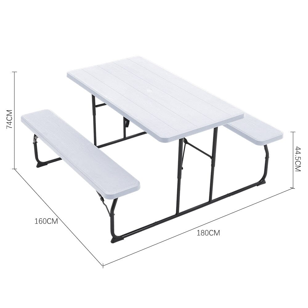 180cm Foldable Picnic Table and Bench Set with Parasol Hole Black/White Living and Home