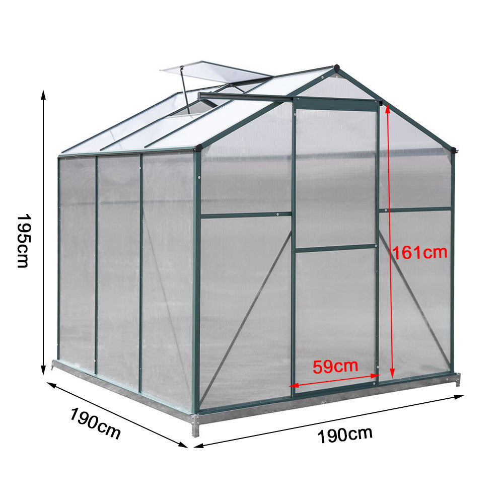Dimensions of 6x6ft Garden Greenhouse With Base – 190 x 190 x 195 cm with Clear Annotations