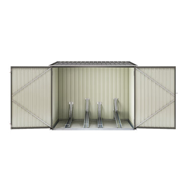 grey metal 6x7ft bike shed with lockable double doors and sloped roof, isolated on white background