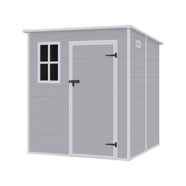 Freestanding 6x6ft grey polypropylene storage shed – durable plastic garden shed with door, window, and roof vent