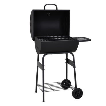 Garden portable charcoal BBQ grill with built-in thermometer and side prep panels – ideal for outdoor patio grilling, white background