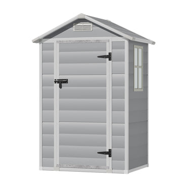 Freestanding 4x3ft grey plastic outdoor tool shed – durable resin storage with hinged lockable door