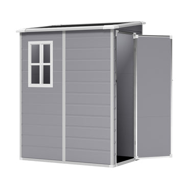 Freestanding 5x4ft grey resin storage shed – durable plastic garden shed with sloped roof and secure design