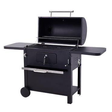 Carbon Steel Charcoal Grill with Smoke Stack and Wheels – Black Outdoor BBQ on White Background