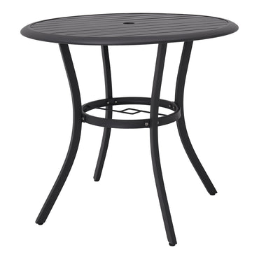80cm round black metal patio table with slatted top and central umbrella hole – studio product image