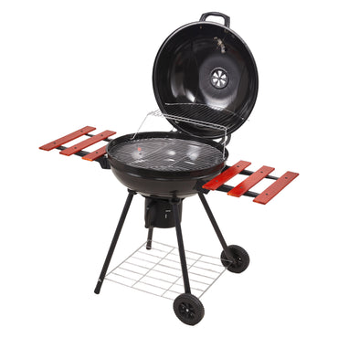 Portable black kettle charcoal BBQ grill – classic round garden barbecue with ash catcher and wheeled legs