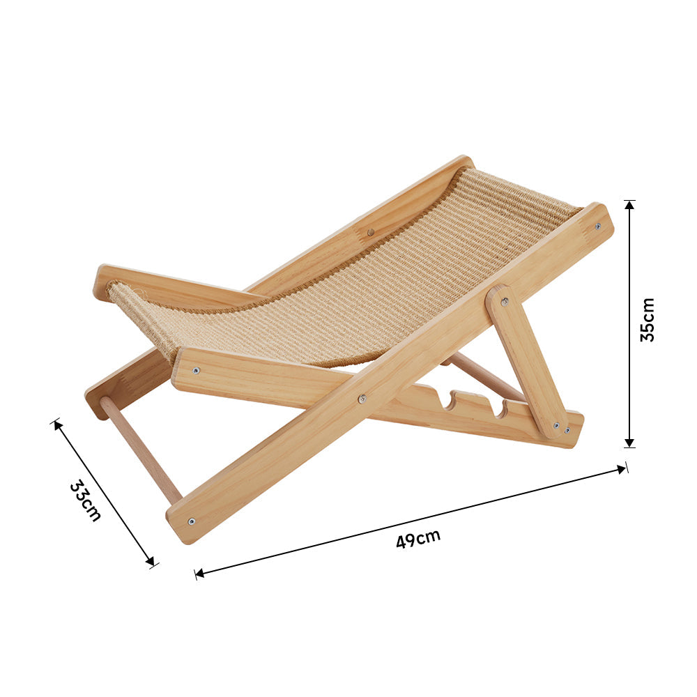 Adjustable sisal cat lounge chair with light wood frame, side view