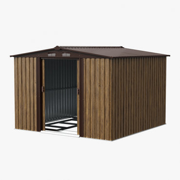 8x8ft Wood Grain Apex Roof Metal Garden Storage Shed With Sliding Doors