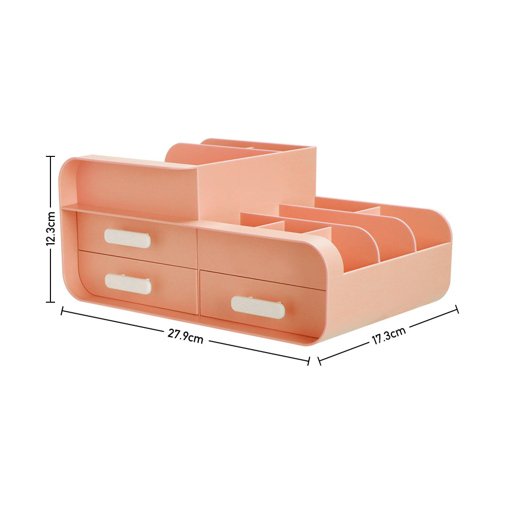 Peach-pink multifunctional plastic desktop organizer with open top compartments and three drawers