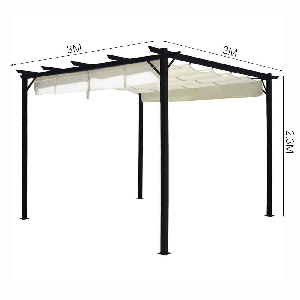 Outdoor Retractable Steel Pergola with Adjustable Canopy – Size Specifications Diagram